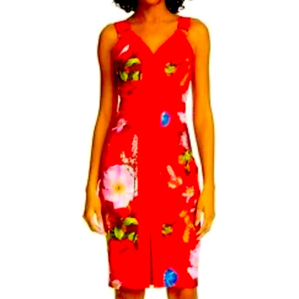 NWT TED BAKER Red Floral Print AMYLIA Sheath Stretch Bodycon Midi Dress sz US6
